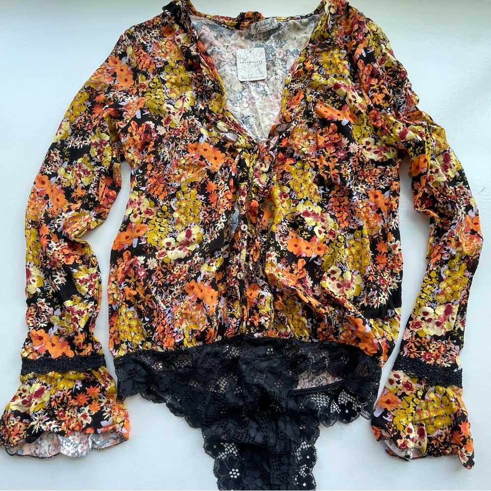 Intimately Free People orange & black long sleeve floral bodysuit w/ black lace - Picture 3 of 11